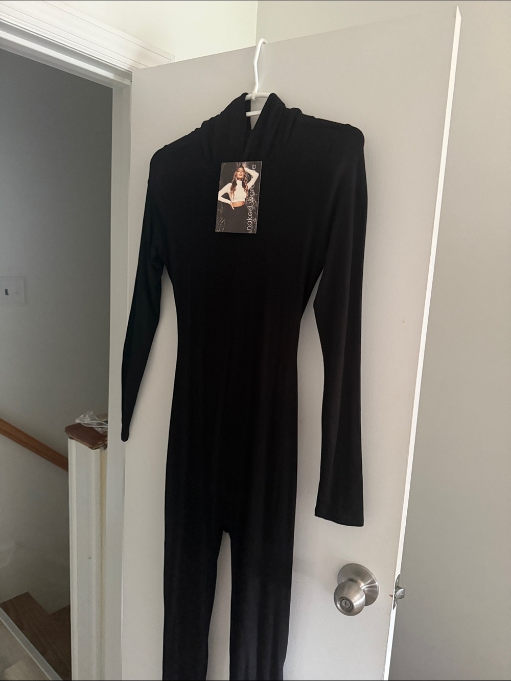 Naked Wardrobe Black Long-Sleeve Hooded Backless Jumpsuit